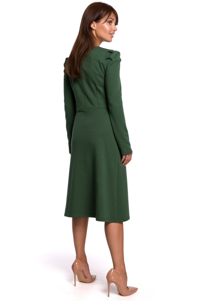 Sukienka Midi - Fason A Długi Rękaw Dekolt V - zielona